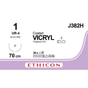 Vicryl gecoat gevlochten violet 1, UR-4 naald, J382H, 36 stuks