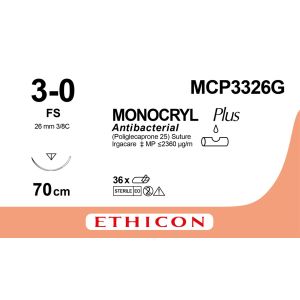 Monocryl Plus ongekleurd 3-0, FS naald, MCP3326G, 12 stuks