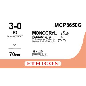 Monocryl Plus ongekleurd 3-0, KS naald, MCP3650G, 12 stuks