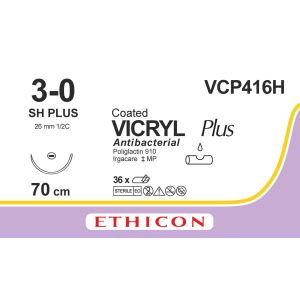 Vicryl Plus gecoat ongek. 3-0, SH PLUS naald, VCP416H, 36 stuks