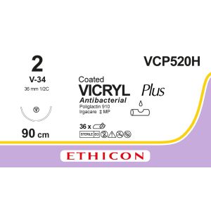 Vicryl Plus gecoat violet 2, V-34 naald, VCP520H, 36 stuks