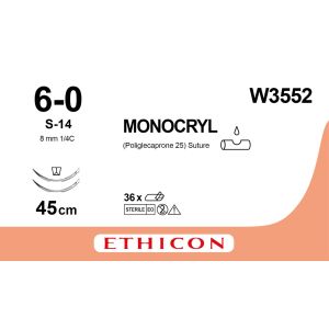 Monocryl ongekleurd 6-0, S-14 naald, W3552, 12 stuks
