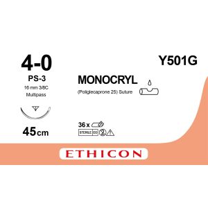 Monocryl ongekleurd 4-0, PS-3 PRIME MP naald, Y501G, 12 stuks
