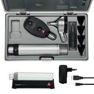 HEINE BETA 400 LED F.O. otoscoop + BETA 200 LED oftalmoscoop set met 2x BETA4 USB oplaadhandvat, plug-in voeding en harde koffer (3,5 V)