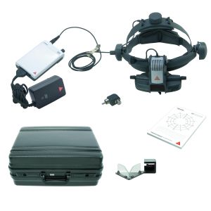 HEINE OMEGA 500 LED Set in harde koffer met HC 50L reostaat, teaching mirror, 50 fundusdiagrammen, mPack batterij en plug-in transformator met 90 graden adapter