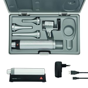 HEINE G100 LED spleetverlichtingskop set met BETA4 USB oplaadbaar handvat, USB-kabel, E4-USB voeding, drie specula en koffer