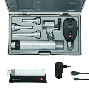 HEINE G100 LED VET spleetverlichtingskop + BETA 200 LED oftalmoscoop diagnostische set met 2x BETA4 USB oplaadhandvat, plug-in voeding, specula en harde koffer (3,5 V)