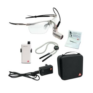 HEINE MicroLight2 LED hoofdverlichting op S-FRAME met mPack mini, riemclip, E4-USB plug-in voeding, USB-kabel en etui