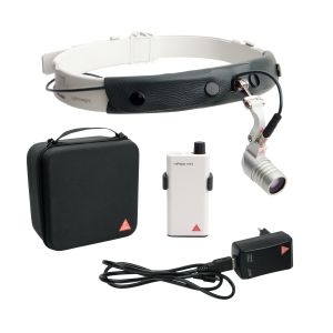 HEINE MicroLight2 LED hoofdverlichting op lichte hoofdband met mPack mini, riemclip, E4-USB plug-in voeding en etui