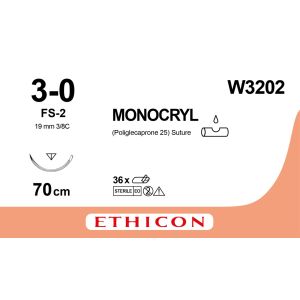 Monocryl ongekleurd 3-0, W3202, FS-2 naald, 12 stuks