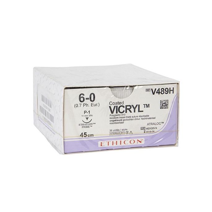 Vicryl ongekleurd gecoat 6-0, P-1 PRIME naald, V489H, 36 stuks