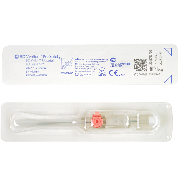 BD Venflon Pro Safety IV-canule roze 20G, 1,1 x 32 mm
