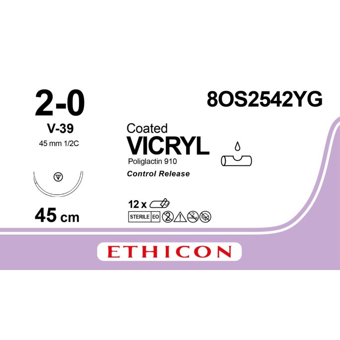 Vicryl gecoat violet 2-0, V-39 CR naald, 8OS2542YG, 12 stuks