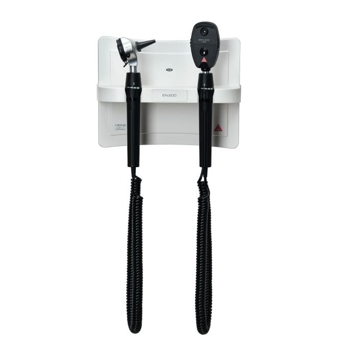 Heine EN 200 wandtransformator met BETA 400 LED F.O. otoscoop en BETA 200 LED oftalmoscoop