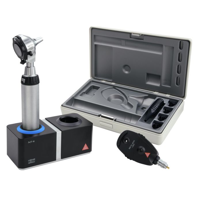 Heine BETA 400 F.O. Otoscoop en BETA 200 Oftalmoscoop (XHL, 2x BETA4 NT handvat met NT4 oplader, extra XHL lamp)