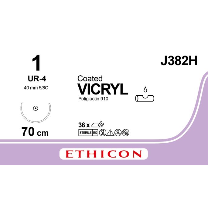 Vicryl gecoat gevlochten violet 1, UR-4 naald, J382H, 36 stuks