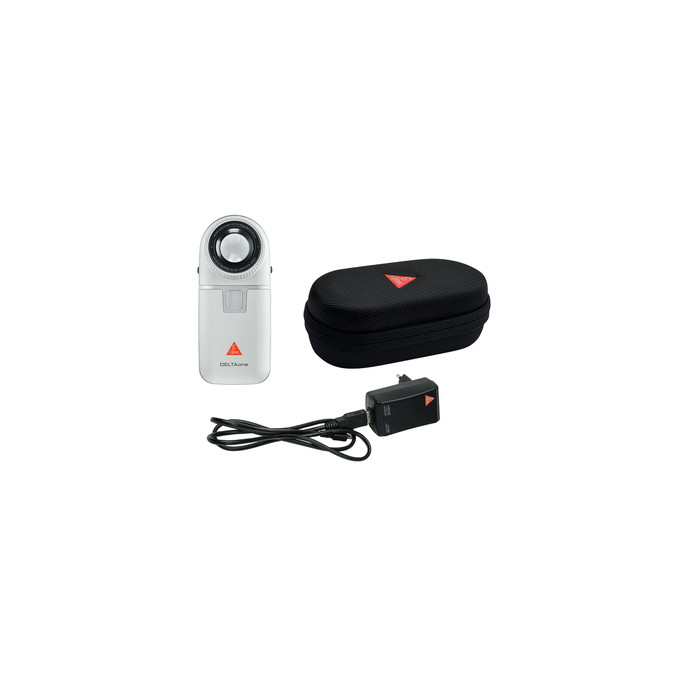 Heine DELTAone dermatoscoop met contactplaat met schaalverdeling, USB-kabel, netadapter, harde koffer (wit)