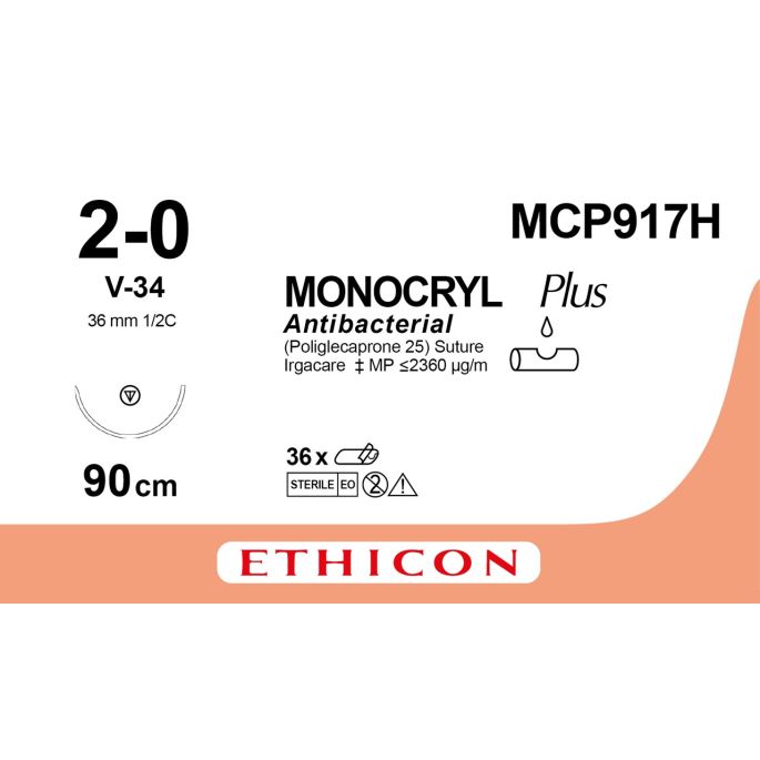 Monocryl Plus violet 2-0, V-34 naald, MCP917H, 36 stuks