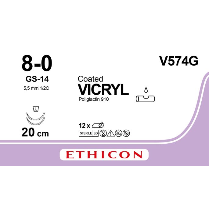 Vicryl gecoat gevlochten violet 8-0, GS-14 naald, V574G, 12 stuks