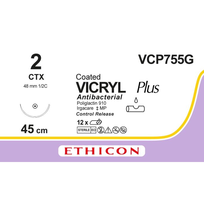 Vicryl Plus gecoat violet 2, CTX CR naald, VCP755G, 12 stuks