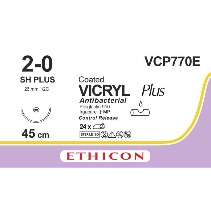 Vicryl Plus gecoat ongek. 2-0, SH PLUS CR naald, VCP770E, 24 stuks