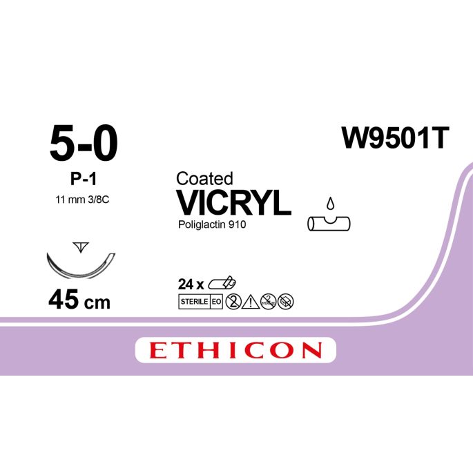 Vicryl gecoat ongekleurd 5-0, P-1 PRIME naald, W9501T, 24 stuks