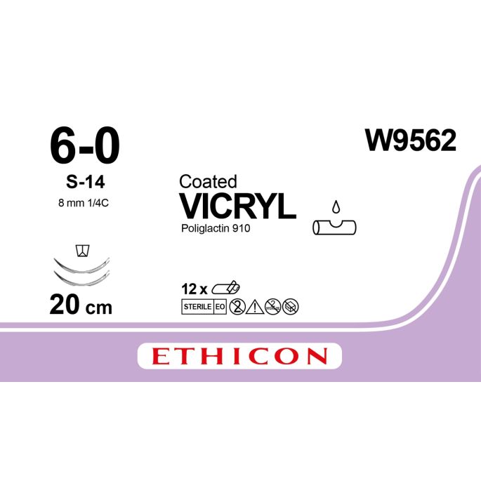Vicryl gecoat gevlochten violet 6-0, S-14 naald, W9562, 12 stuks