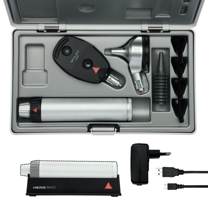 HEINE BETA 200 LED diagnostiekset: BETA 200 LED oftalmoscoop, BETA 200 LED F.O. otoscoop, BETA4 USB oplaadbaar handvat 3,5 V, USB-kabel en E4-USB plug-in voeding (A-132.28.388)