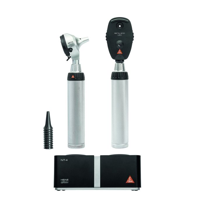 HEINE BETA 400 LED F.O. otoscoop + BETA 200 LED oftalmoscoop kit met 2x BETA4 NT oplaadhandvat en NT4 tafeloplader (3,5 V, zonder koffer)