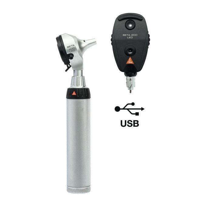 HEINE BETA 400 LED F.O. otoscoop + BETA 200 LED oftalmoscoop set met 2x BETA4 USB oplaadhandvat, plug-in voeding en harde koffer (3,5 V)