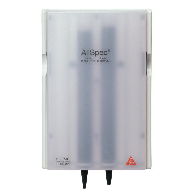 HEINE AllSpec tipdispenser wit, bureau- of wandmodel, met start-set van 2 x 50 tips Ø 2,5 mm en Ø 4 mm