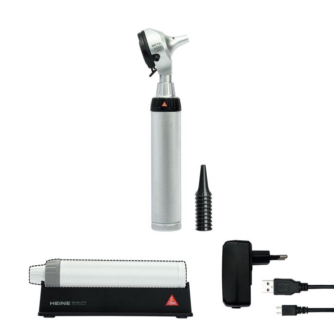 HEINE BETA 400 F.O. LED otoscoop kit met BETA4 USB-oplaadbare handgreep + USB-snoer + plug-in voeding