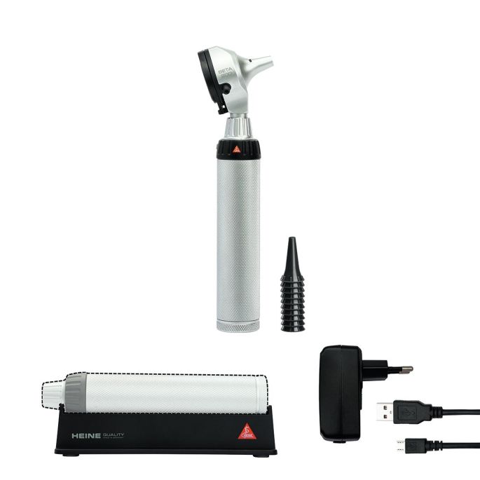 HEINE BETA 200 F.O. LED otoscoop kit met BETA4 USB-oplaadbare handgreep + USB-snoer + plug-in voeding
