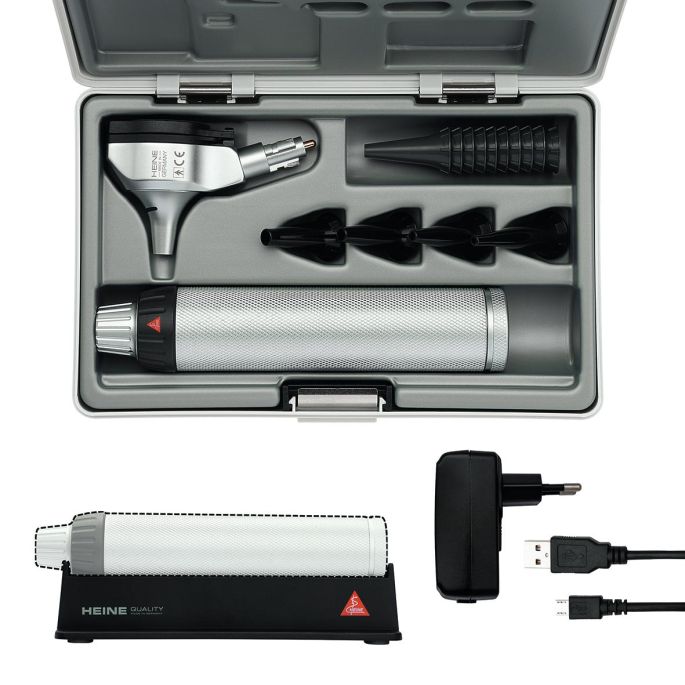 HEINE BETA 200 F.O. LED otoscoop set met BETA4 USB-oplaadbare handgreep + USB-snoer + plug-in voeding en accessoires