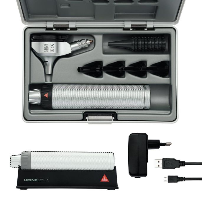 HEINE BETA 400 F.O. LED otoscoop set met BETA4 USB-oplaadbare handgreep + USB-snoer + plug-in voeding + accessoires