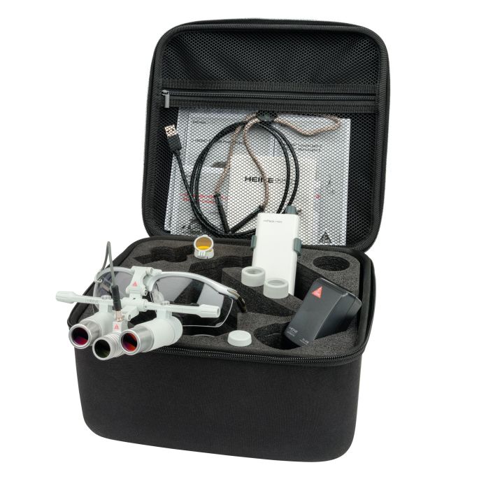 HEINE LoupeLight2 LED loeplamp met HRP binoculaire loep 4x op 340 mm op S-FRAME bril, complete set