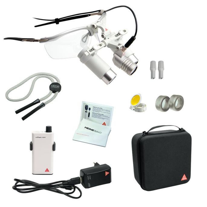 HEINE LoupeLight2 LED loeplamp met HRP binoculaire loep 4x op 340 mm op S-FRAME bril, complete set