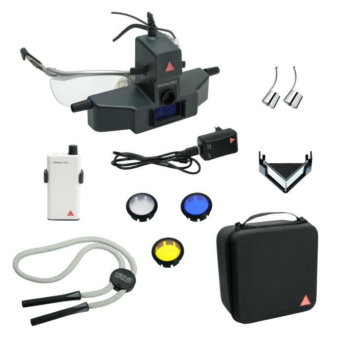 HEINE SIGMA 250 indirecte oftalmoscoop complete set met S-FRAME, mPack mini, plug-in voeding, lesspiegel en hardcase