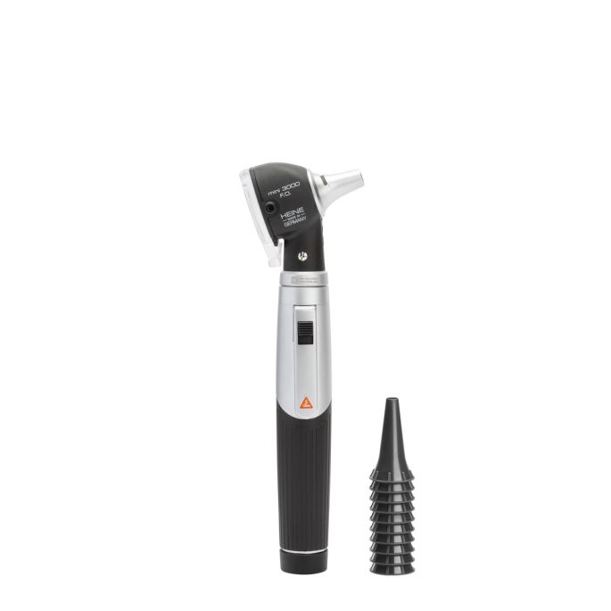 Heine mini 3000 F.O. otoscoopset, 10 AllSpec wegwerp tips 4 mm Ø, batterijhandvat met batterijen 2.5V XHL