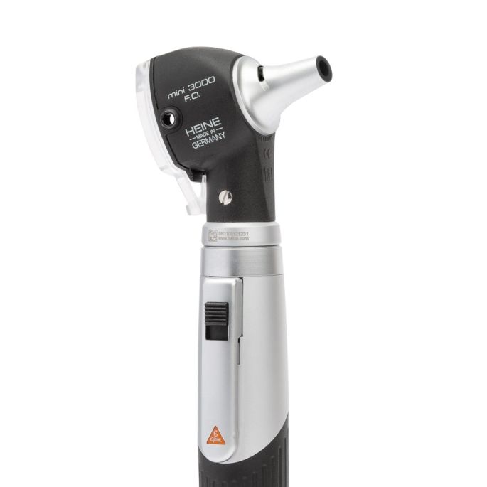 Heine mini 3000 F.O. otoscoopset, 10 AllSpec wegwerp tips 4 mm Ø, batterijhandvat met batterijen 2.5V XHL