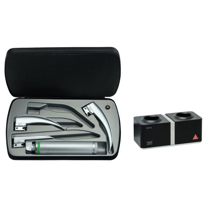 HEINE Classic+ F.O. laryngoscoopset F-119 met standaard F.O.4 NT XHL oplaadhandvat 3,5 V Li-ion en NT4 tafellader