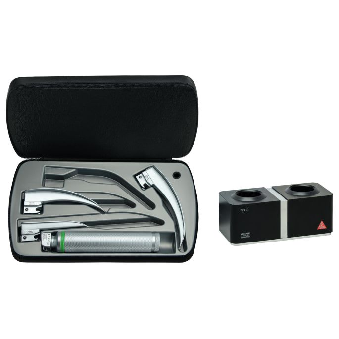 HEINE Classic+ F.O. laryngoscoopset F-119 met standaard F.O.4 LED NT oplaadhandvat 3,5 V Li-ion en NT4 tafellader