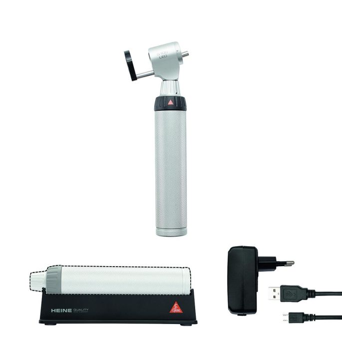 HEINE G100 LED spleetverlichtingskop kit met BETA4 USB oplaadbaar handvat, USB-kabel en E4-USB plug-in voeding