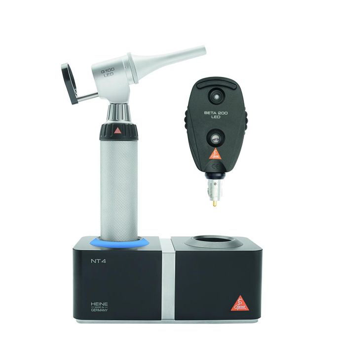 HEINE G100 LED VET spleetverlichtingskop + BETA 200 LED oftalmoscoop diagnostische set met 2x BETA4 NT oplaadhandvat, NT4 tafeloplader, specula en harde koffer (3,5 V)