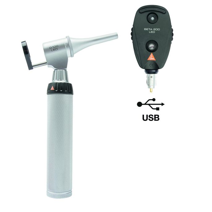 HEINE G100 LED VET spleetverlichtingskop + BETA 200 LED oftalmoscoop diagnostische set met 2x BETA4 USB oplaadhandvat, plug-in voeding, specula en harde koffer (3,5 V)