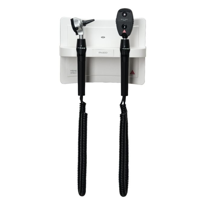 Heine EN 200 wandtransformator met BETA 200 LED F.O. otoscoop en BETA 200 LED oftalmoscoop