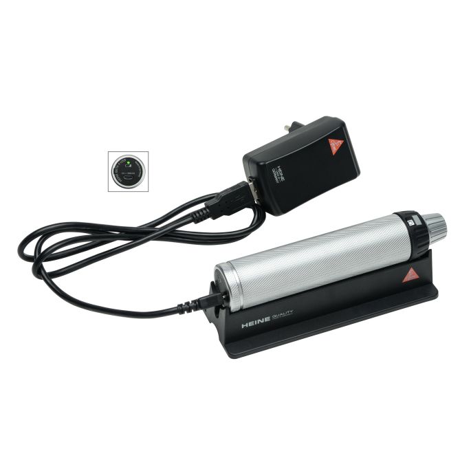 HEINE BETA4 USB oplaadhandvat 3,5 V Li-ion compleet met USB-kabel, E4-USB voeding en handvat-houder, met galvanische scheiding (X-007.99.388)