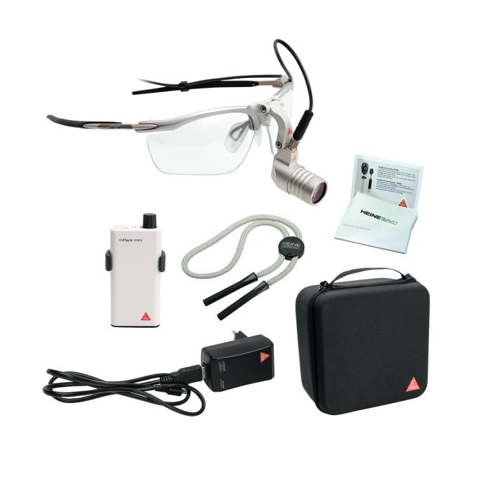 HEINE MicroLight2 LED hoofdverlichting op S-FRAME met mPack mini, riemclip, E4-USB plug-in voeding, USB-kabel en etui