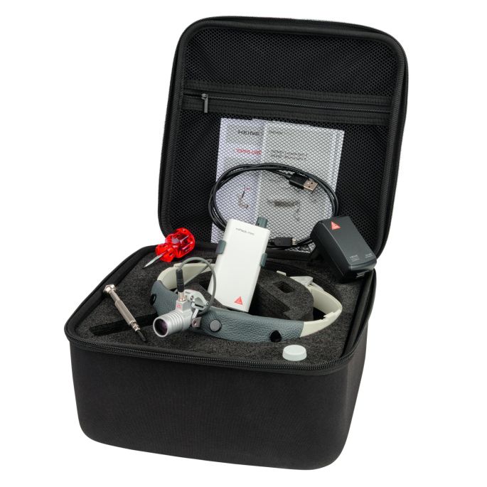 HEINE MicroLight2 LED hoofdverlichting op lichte hoofdband met mPack mini, riemclip, E4-USB plug-in voeding en etui