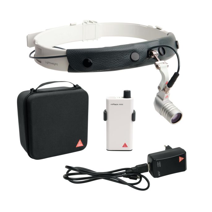 HEINE MicroLight2 LED hoofdverlichting op lichte hoofdband met mPack mini, riemclip, E4-USB plug-in voeding en etui